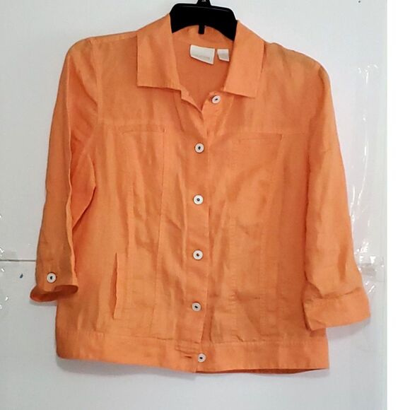 A Chico's Women's Shacket Blazer 100% Linen Career Casual Orange Size 2 - Picture 1 of 12